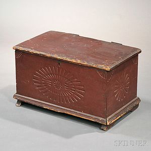Red-painted and Carved Pine Box