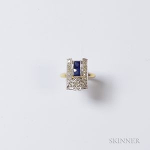 Art Deco-style 14kt Bicolor Gold, Sapphire, and Diamond Ring