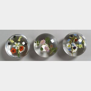 Three Paul Stankard Colorless Floral and Berry Bouquet Glass Paperweights