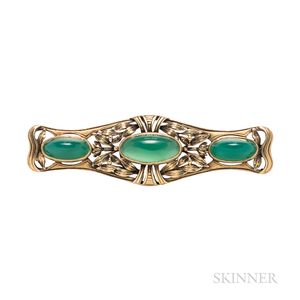 Arts and Crafts 14kt Gold and Dyed Green Chalcedony Brooch