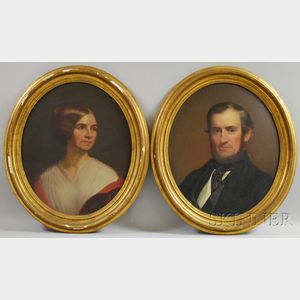 Framed Pair of 19th Century American School Oil on Canvas Oval Portraits of a Man and Woman