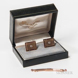 Pair of Lucien Piccard 14kt Gold, Diamond, and Garnet Cuff Links and a Swank 10kt Gold Tie Bar