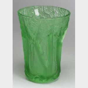 Large European Green Relief Decorated Art Glass Vase.