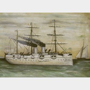 Unframed Oil on Canvas View with Steam Frigate