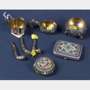 Seven Small Russian Silver and Enamel Items