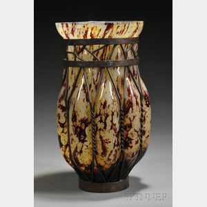 Blown-out Art Glass and Metal Vase