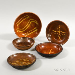 Five Redware Pottery Dishes