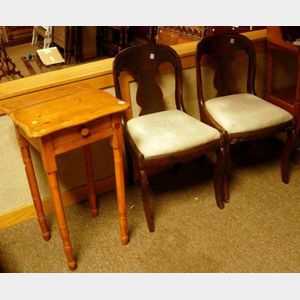 Pair of Empire Mahogany Veneer Side Chairs and a Pine One-Drawer Stand.