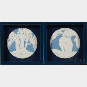 Pair of Wedgwood Solid Light Blue Jasper Adam and Eve Plaques