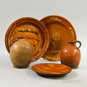 Three Slip-decorated Redware Pottery Dishes and Two Redware Jugs