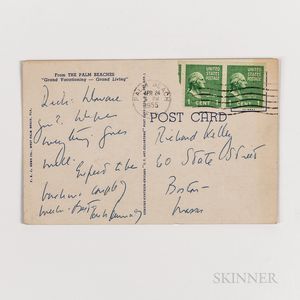 Kennedy, John F. (1917-1963) Inscribed Postcard to Richard Kelley, April 1955.