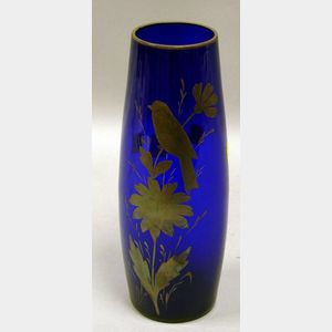 Czechoslovakian Silver Resist Decorated Cobalt Blue Glass Vase.