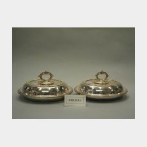 Pair of English Electroplated Covered Serving Dishes and a Hot Water Jug.