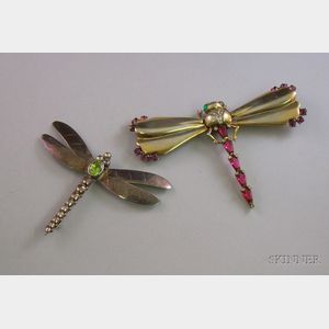 Sterling Silver Green Stone Inset Dragonfly Brooch and a Mazer Gilt Sterling Silver and Paste-set Dragonfly Pin