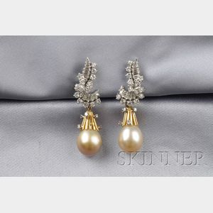 Platinum, 18kt Gold, South Sea Pearl, and Diamond Day/Night Earpendants