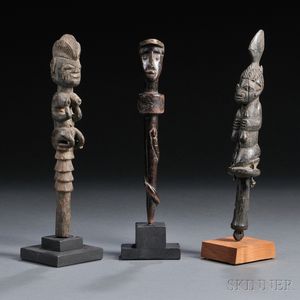 Three African Carved Wood Divination Staffs