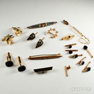 Group of Brooches, Shirt Studs, Cuff Links, and a Pair of Earpendants