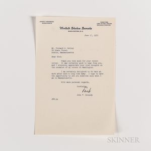 Kennedy, John F. (1917-1963) Typed Letter Signed to Richard S. Kelley, 17 June 1955.