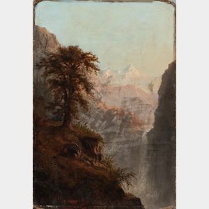 Continental School, 19th Century Majestic Mountains with Waterfall and Foreground Cliff and Tree