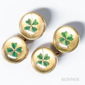 Pair of 14kt Gold and Crystal Shamrock Cuff Links