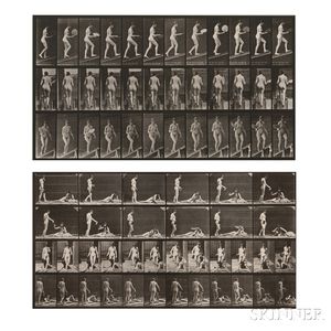 Eadweard Muybridge (British, 1830-1904) Two Plates from Animal Locomotion : Plate 78 (Woman with a Fan Walking up a Ramp)