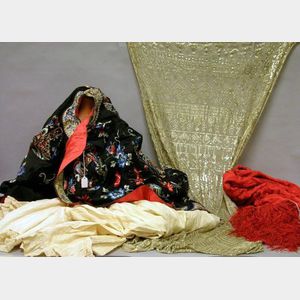 Chinese Embroidered Silk Kimono, Red Silk Embroidered Shawl, a Late Victorian White Lace and Cotton Nightgown, and an Indian Metallic a