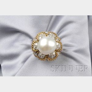 18kt Gold, Cultured Button Pearl, and Diamond Ring, Trio