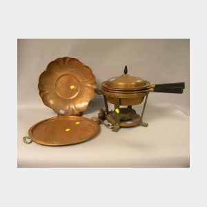 Joseph Heinrichs Brass Mounted Copper Chafing Dish on Stand, Vermont Copper Crafters Bowl and a Copper Serving Tray.