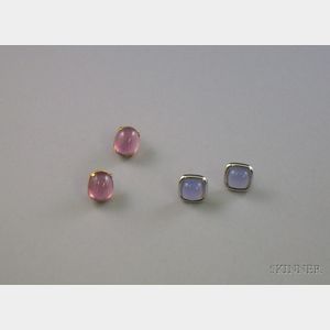 Pair of 14kt Gold Pink Tourmaline Cabochon Earstuds and Pair of 14kt White Gold and Light Blue Cabochon Earstud...