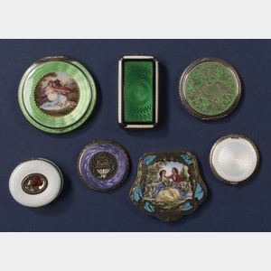Group of Seven Silver and Enamel Compacts and Boxes