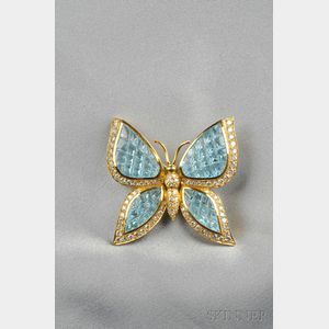 18kt Gold, Blue Topaz, and Diamond Butterfly Brooch