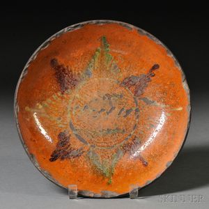Large Slip-decorated Redware Plate with Green and Manganese Starburst Design