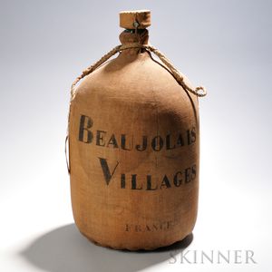 Beaujolais Villages Burlap and Green Glass Demijohn, France, 20th century, the burlap inscribed Beaujolais Villages France in black l