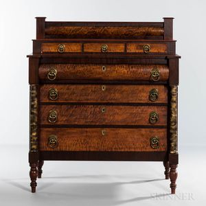 Classical Mahogany, Bird's-eye Maple, and Pine Red-stained and Smoke-painted Bureau