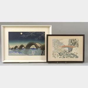 Two Framed Japanese Woodblock Prints Depicting Bridges.