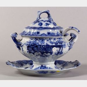 English Ironstone Flow Blue Soup Tureen, Underplate and Ladle
