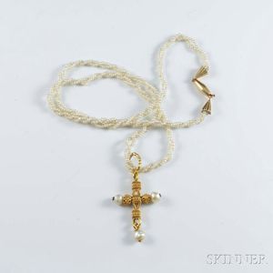 Seed Pearl Necklace with 14kt Gold Cross Pendant