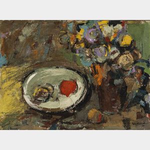 American/European School, 20th Century Still Life with Bowl and Vase of Flowers.