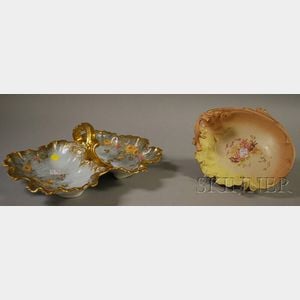 Two European Gilt and Hand-painted Floral-decorated Porcelain Dishes with Handles