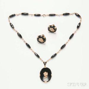Victorian Onyx and Pearl Necklace and Earclips