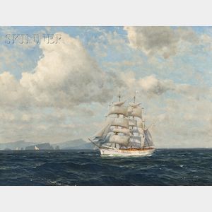 Michael Zeno Diemer (German, 1867-1939) Square-rigged Ship Under Sail, Coastal Craft and Cliffs Beyond.