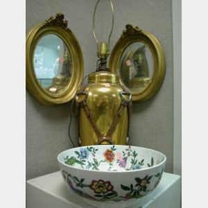 Pair of Giltwood Mirrors, an English Ceramic Fruit Bowl, and an Equestrian Ceramic Table Lamp.