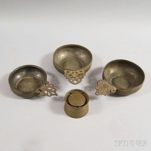 Three Pewter Porringers and an Inkwell