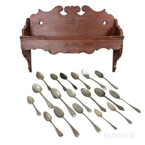 Carved Pine Hanging Spoon Rack and Sixteen Pewter Spoons. 