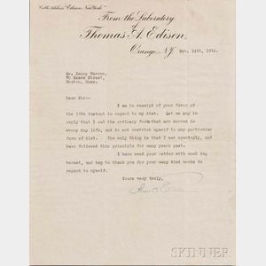 Edison, Thomas Alva (1847-1931) Typed Letter Signed, Orange, New Jersey, 14 February 1914.
