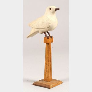 Folk Art Carved Perched White Painted Bird
