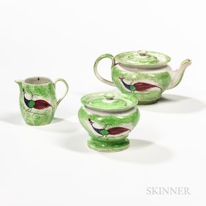 Three-piece Green Spatterware Peafowl Tea Set