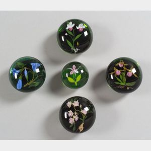 Five Paul Stankard Green Floral Glass Paperweights