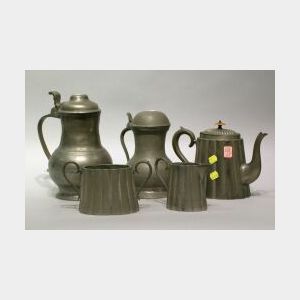 Two Pewter Tankards and a Three-piece Tea Set.