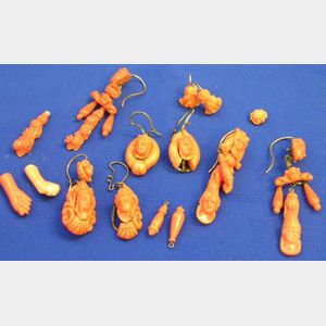 Group of Small Carved Coral Earrings, Findings, Etc.
